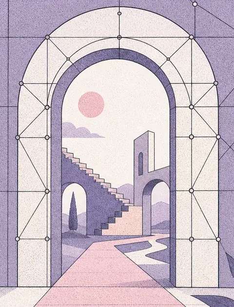 Minimalist line art of a geometric wall intersected by a precise mathematical archway, revealing a clear path through a structural barrier