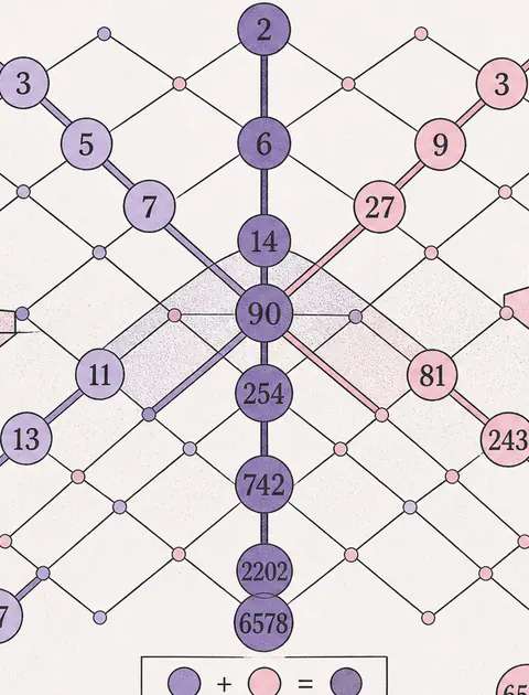 Two parallel number paths crossing a shared structural grid, with their overlap forming a third central path that is distinct from either individual route, minimalist line-art