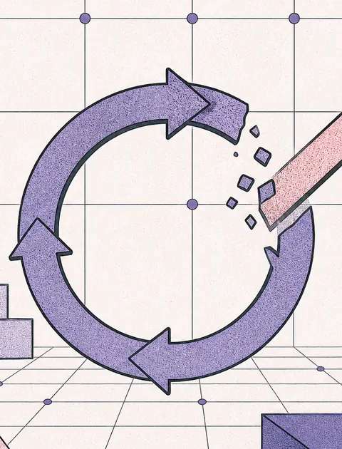 Circular feedback loop broken by an outgoing directional arrow on a clean grid, showing escape from repetitive friction