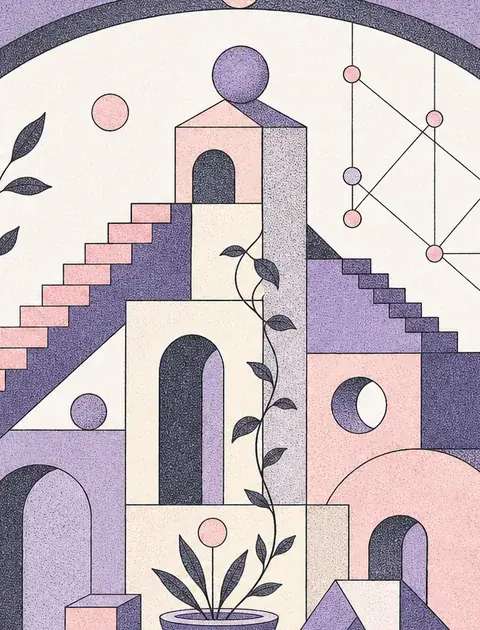 A large protective overarching geometric arch sheltering smaller, distinct structural shapes within a clean grid