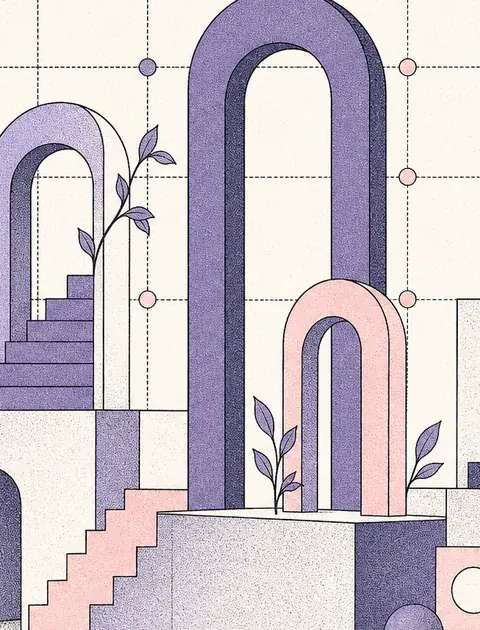 Minimalist geometric arches of varying heights attempting to align on a single grid, illustrating friendship friction and social architecture