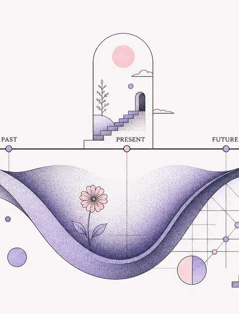 A deep foundational wave beneath a surface-level linear timeline, representing sub-surface transformation