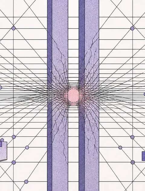 Two parallel vertical beams intersecting a high-frequency linear grid, illustrating structural tension under high energetic load