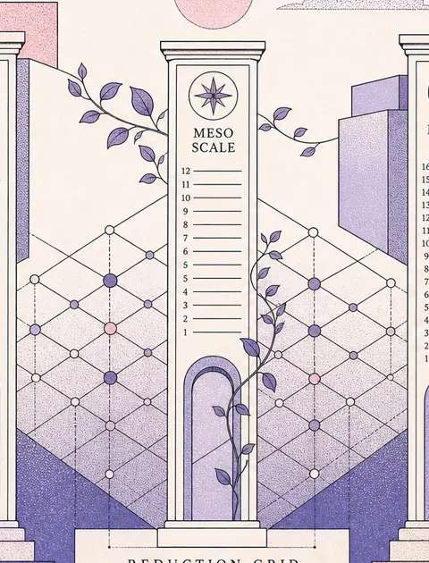 Minimalist line-art of three precise vertical architectural pillars labeled by scale through repeated line counts, each connected to a central reduction grid showing potential held under structure