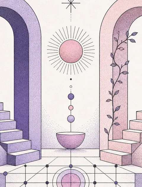 Two distinct geometric arches reflecting separate internal frequencies facing a shared center, clean line-art without figures