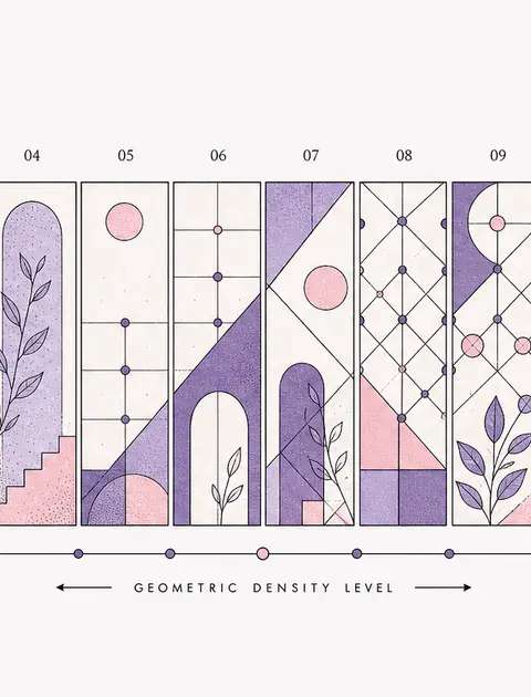 A twelve-segment linear bar with fluctuating geometric density levels along a grid, abstract line-art