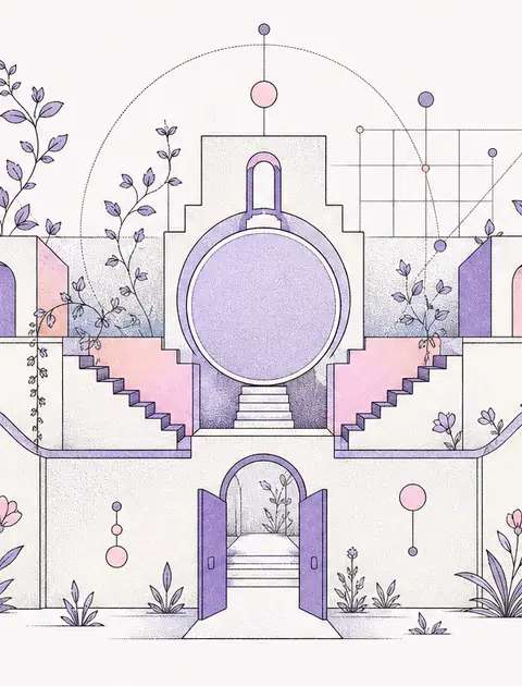 Minimal line-art of a clean geometric boundary wall with defined threshold gateways around a central core shape