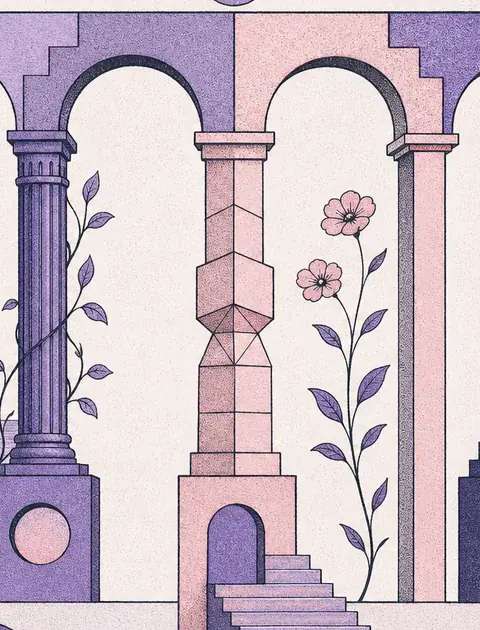 Segmented geometric archway with four pillars rising in sequence; minimalist architectural style