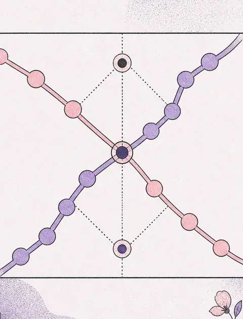 Two abstract timelines intersecting within a confined square boundary, showing points of structural tension in a clean airy style