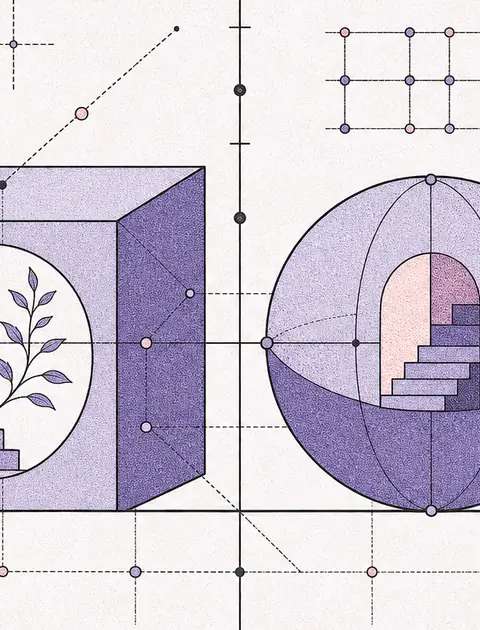 two distinct geometrical shapes side-by-side on a baseline grid with intersecting directional vectors, clean line-art