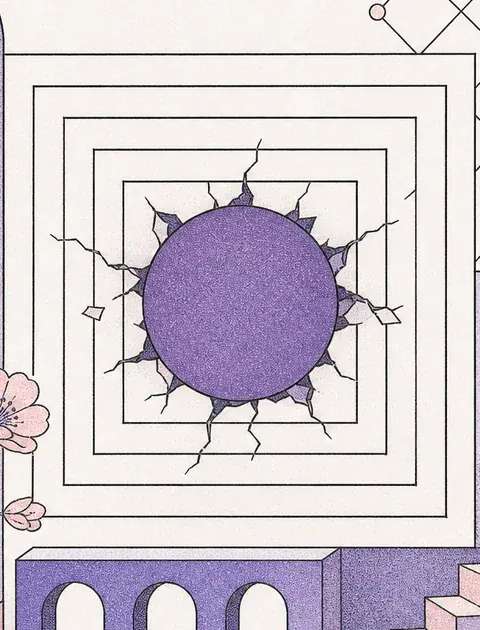 Abstract line art of a solid circle breaking through rigid concentric squares