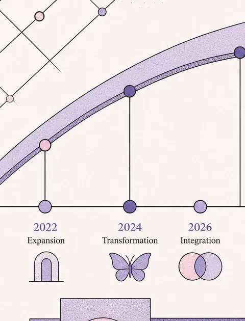 Clean timeline graph intersected by a rising geometric arch, illustrating precise temporal points of transition