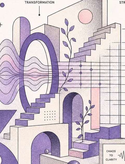 Abstract geometric soundwaves transforming into a structured, readable grid format