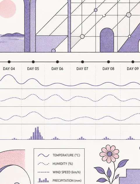 Minimalist timeline axis with daily intervals and geometric waveforms showing changing numerology cycles